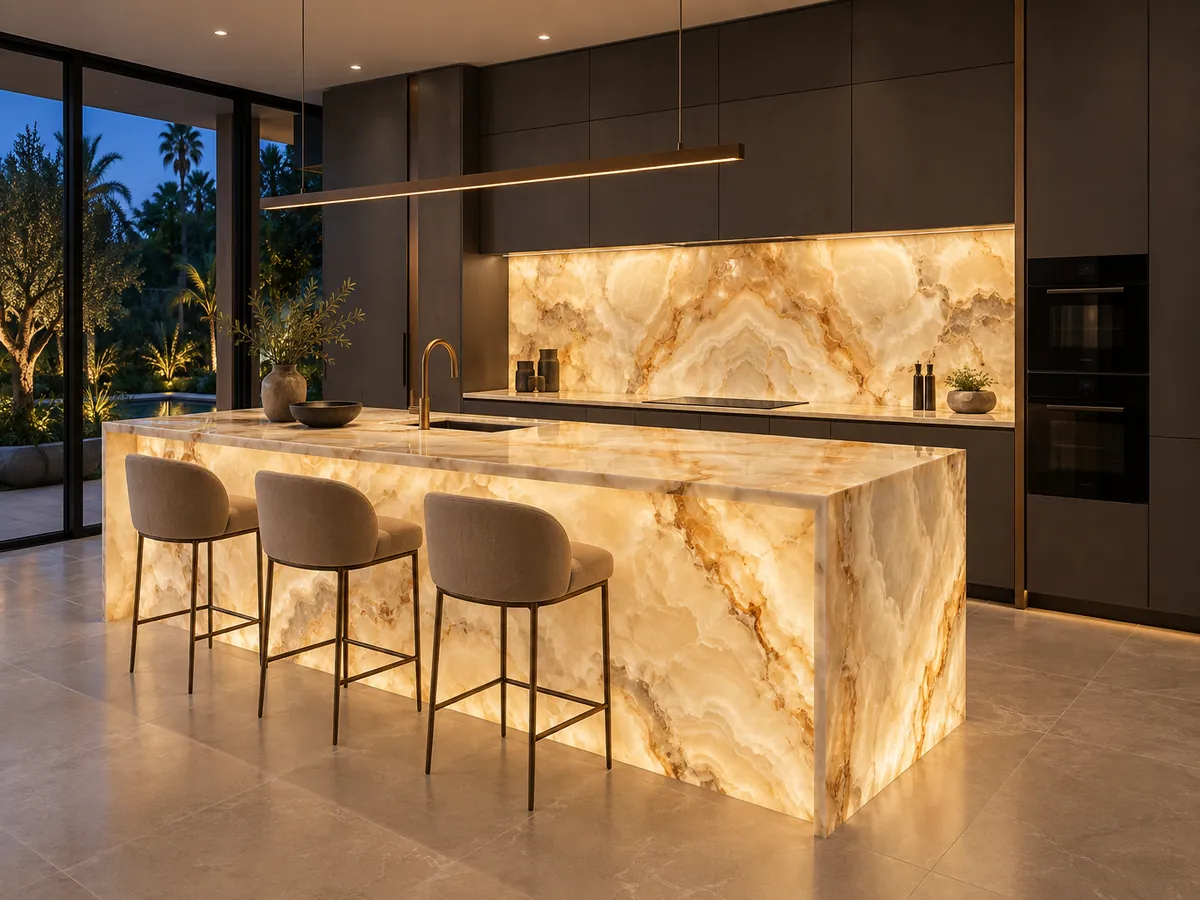 Dark lacquer kitchen with backlit onyx island