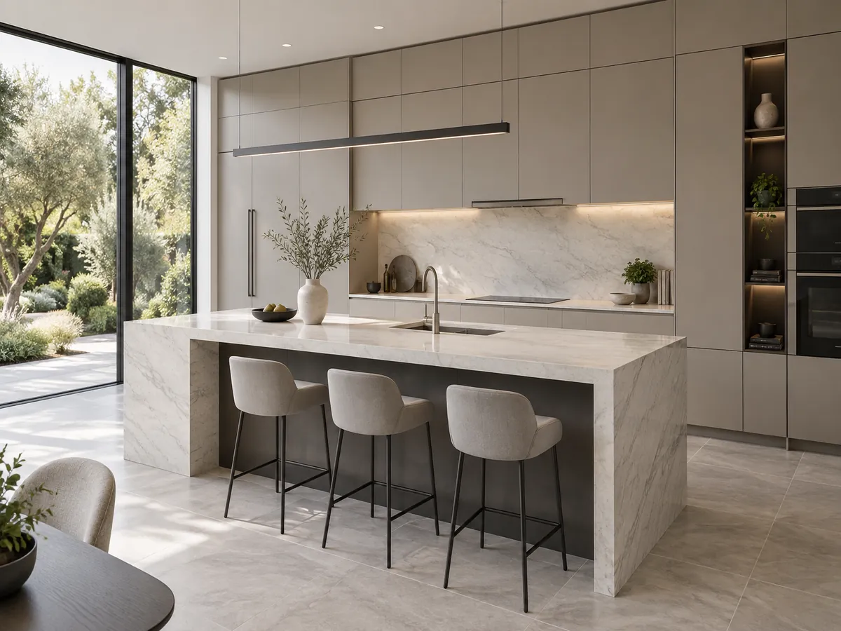 Minimal taupe kitchen with white marble island