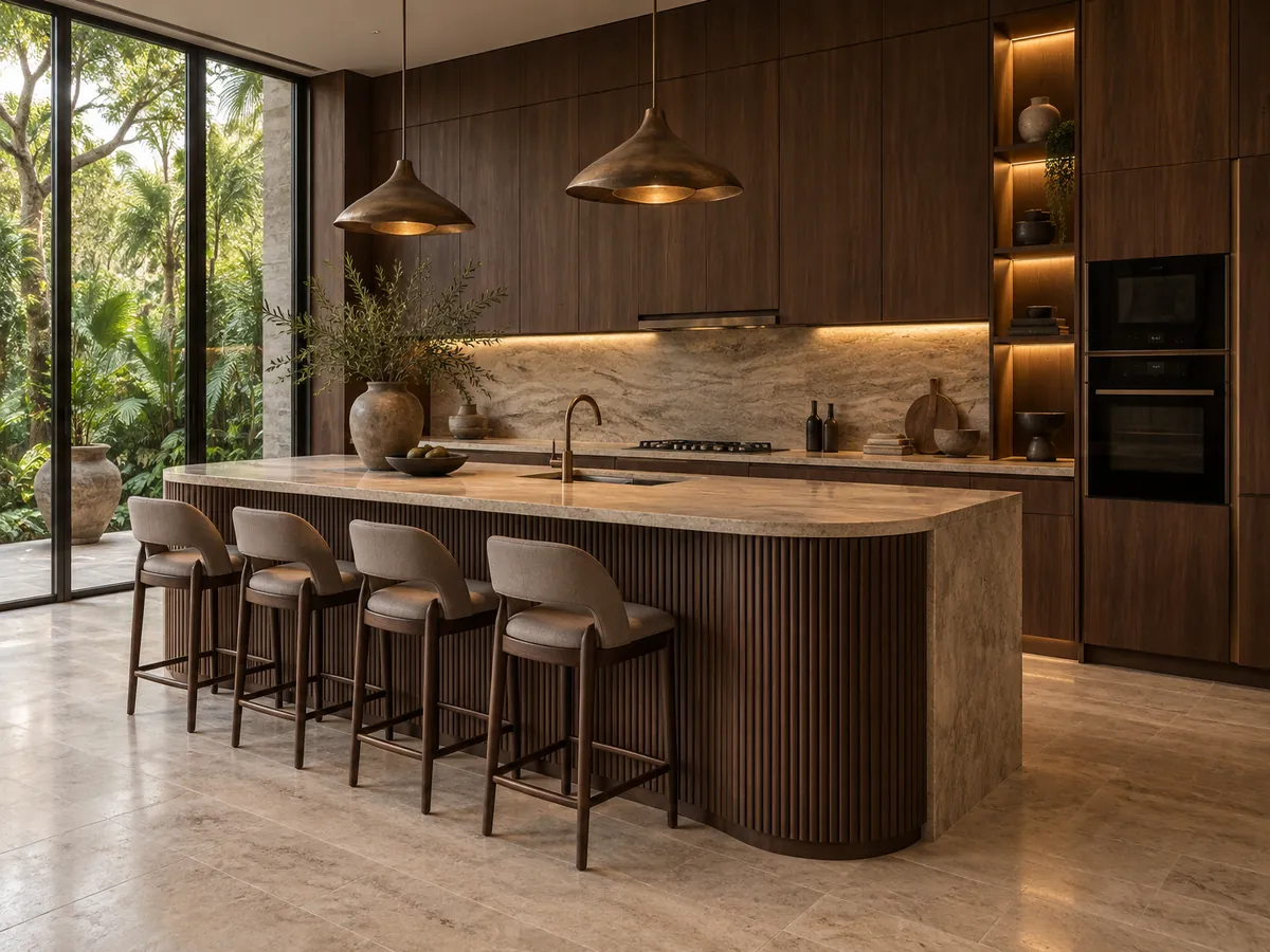 Custom walnut kitchen with stone island and brass pendants